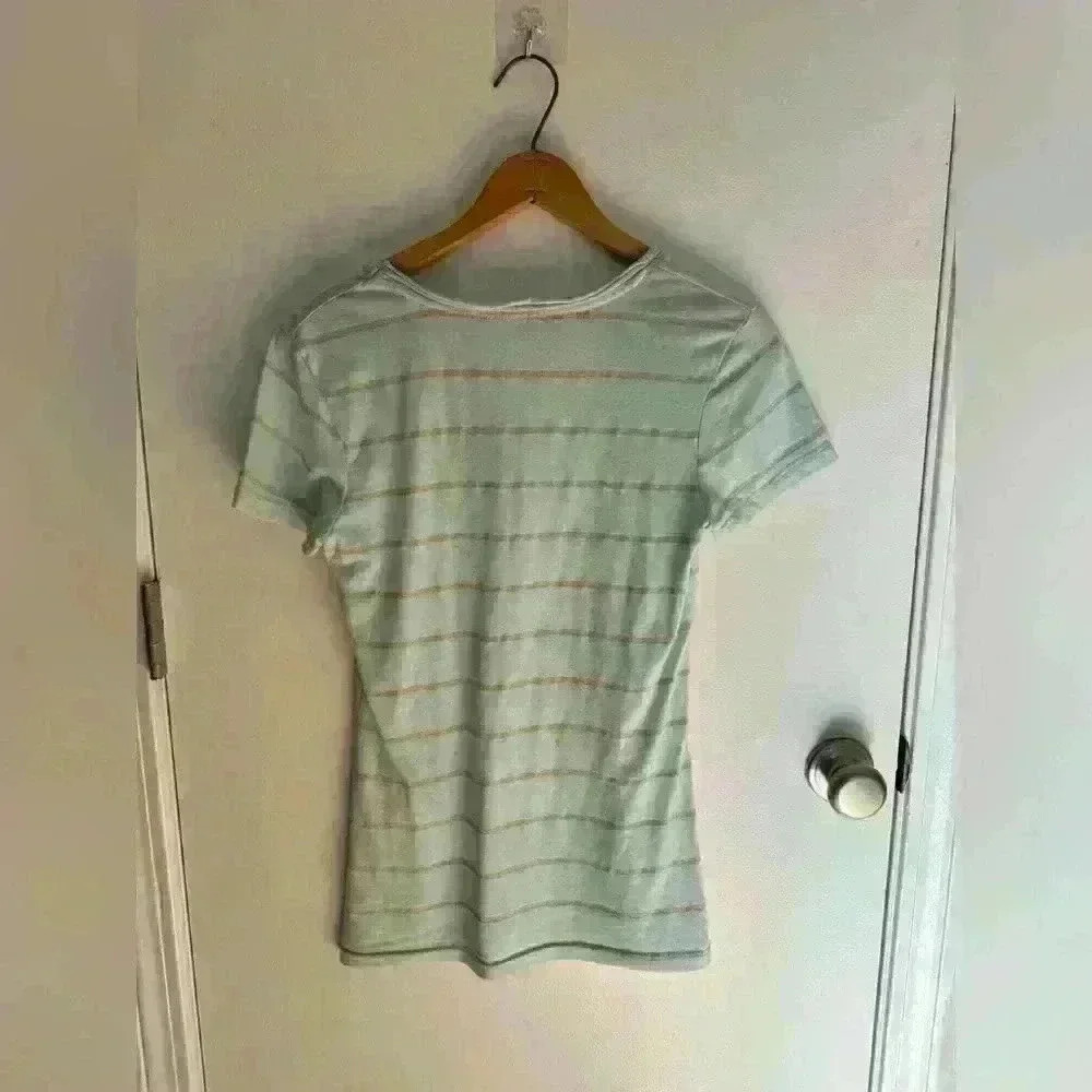 Poof women’s teal striped gold top lightweight cotton shirt fitted size Large - Picture 6 of 10
